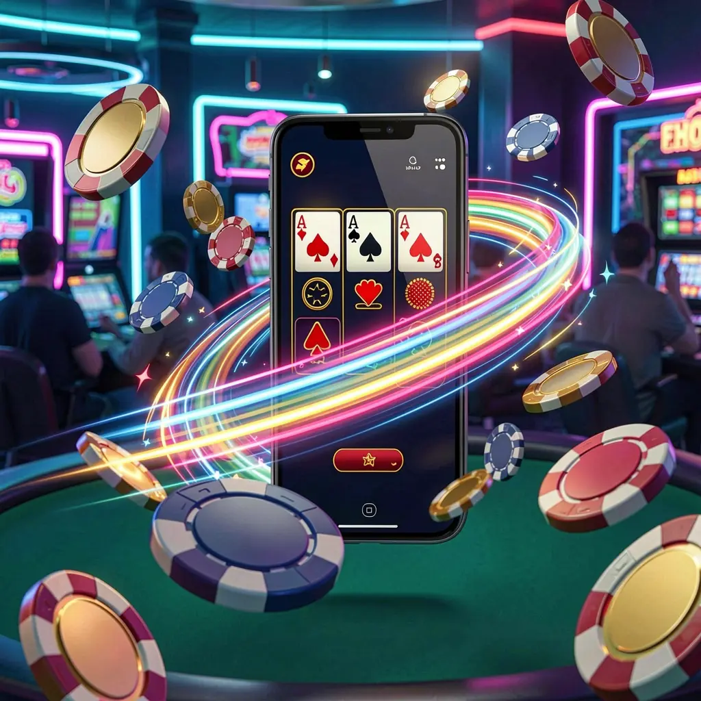 600VIP fast casino app access visual showing a smartphone with speed light trails, coins and chips flying around against a modern neon casino background in a dynamic 3D render