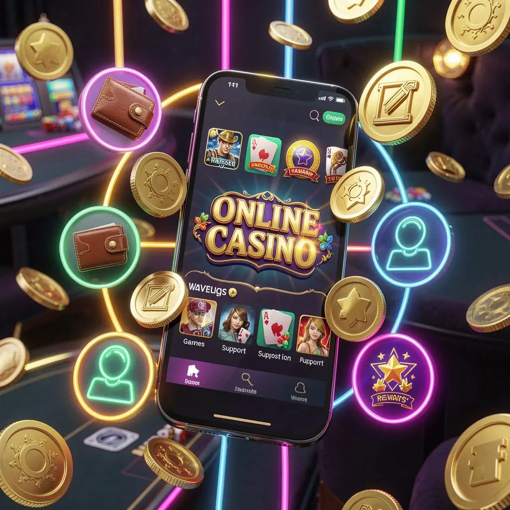 600VIP online casino app features displayed on a smartphone surrounded by icons for wallet, games, support, and rewards with golden coins and neon lights in a luxury 3D render