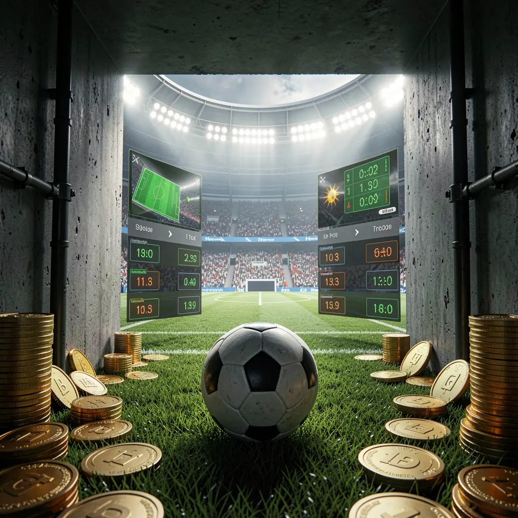 600VIP football betting platform scene showing a dramatic stadium tunnel opening to a bright soccer field with a soccer ball in the foreground, digital odds graphics, and gold coins in a realistic cinematic render