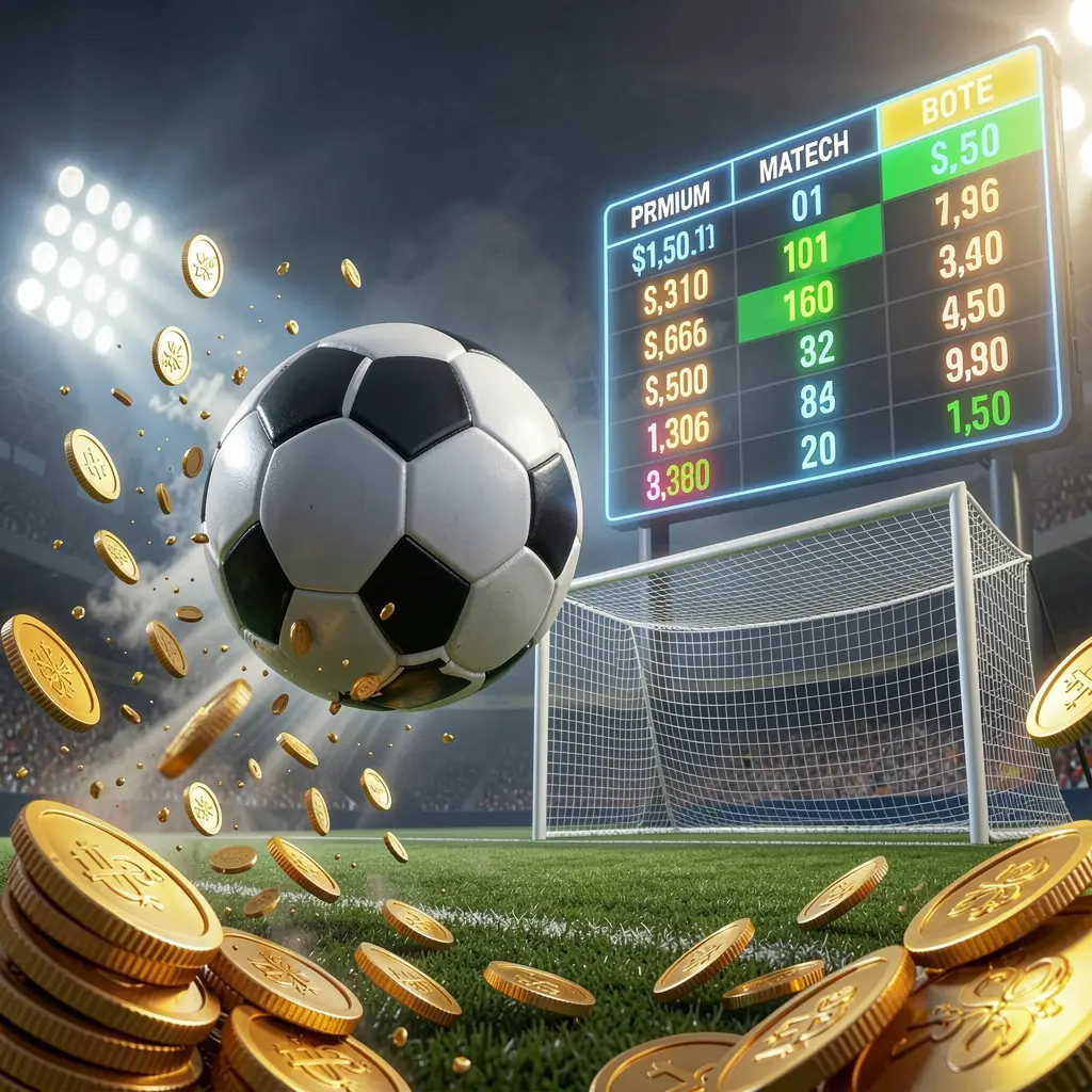 600VIP premium match betting scene with a soccer ball flying toward the goal under stadium floodlights, glowing odds interface, and golden coins creating a dynamic sports betting atmosphere
