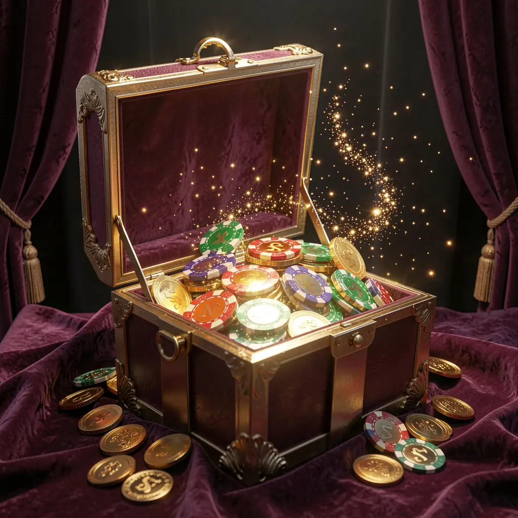 600VIP no deposit casino bonus glowing gift box filled with free casino chips and golden coins with magical sparkle effects on a luxury dark background 600VIP no deposit casino bonus glowing gift box filled with free casino chips and golden coins with magical sparkle effects on a luxury dark background