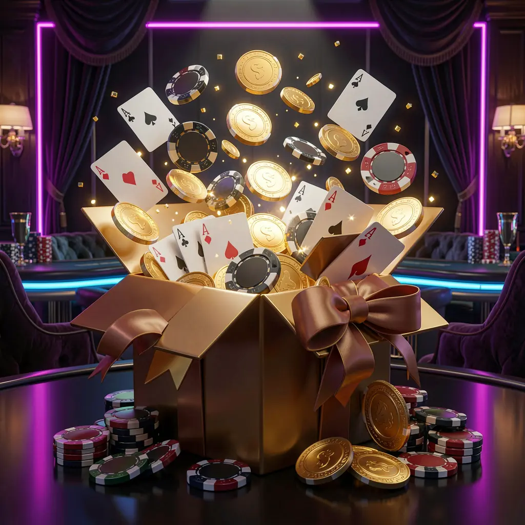 600VIP online casino bonus gift box exploding with golden coins, poker chips, and playing cards on a dark luxury background with glowing neon accents 600VIP online casino bonus gift box exploding with golden coins, poker chips, and playing cards on a dark luxury background with glowing neon accents