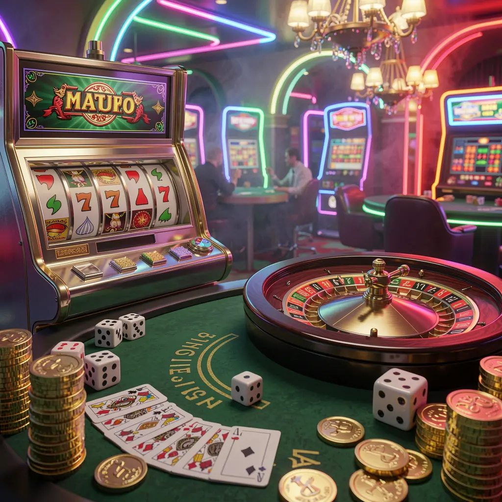 600VIP casino entertainment scene featuring a slot machine, roulette wheel, dice, cards, and golden coins illuminated by colorful neon lights in an exciting premium atmosphere