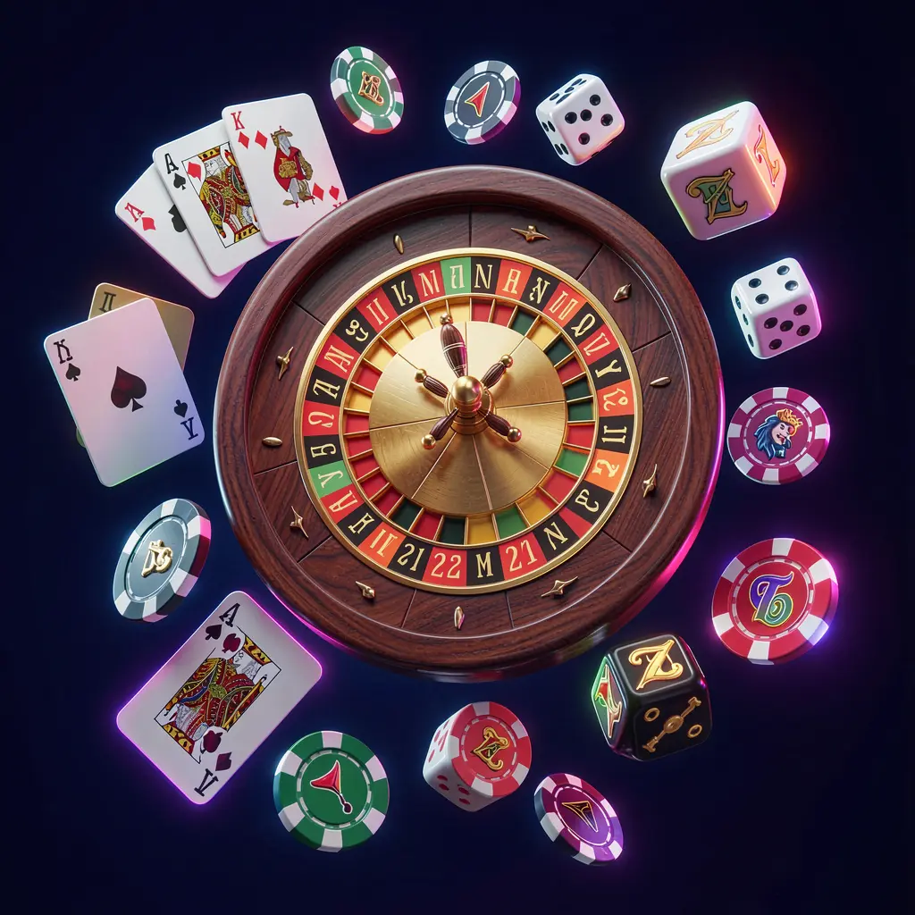 600VIP online casino games collection featuring a neon glowing roulette wheel, blackjack cards, dice, slot symbols, and poker chips floating together in a premium 3D render