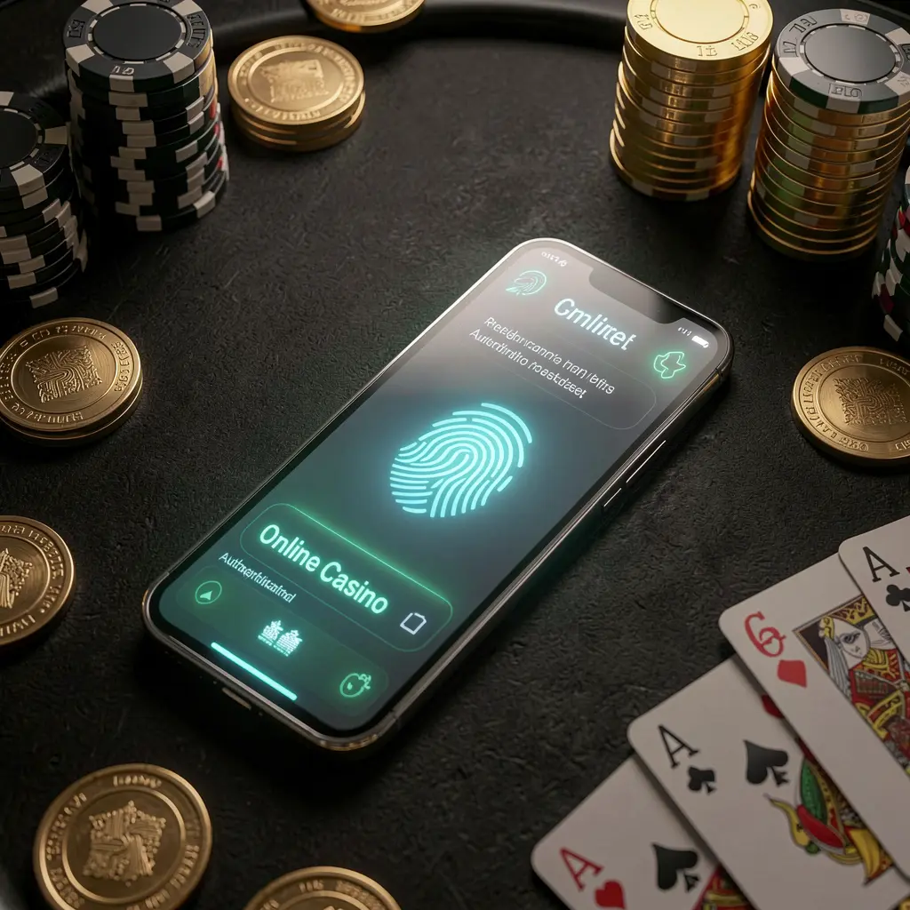 600VIP online casino authentication concept showing a phone with fingerprint scan glow on a premium black table surrounded by poker chips, golden coins, and playing cards in a cinematic 3D render