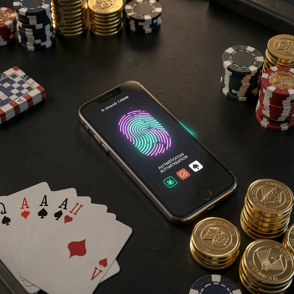600VIP online casino authentication concept showing a phone with fingerprint scan glow on a premium black table surrounded by poker chips, golden coins, and playing cards in a cinematic 3D render